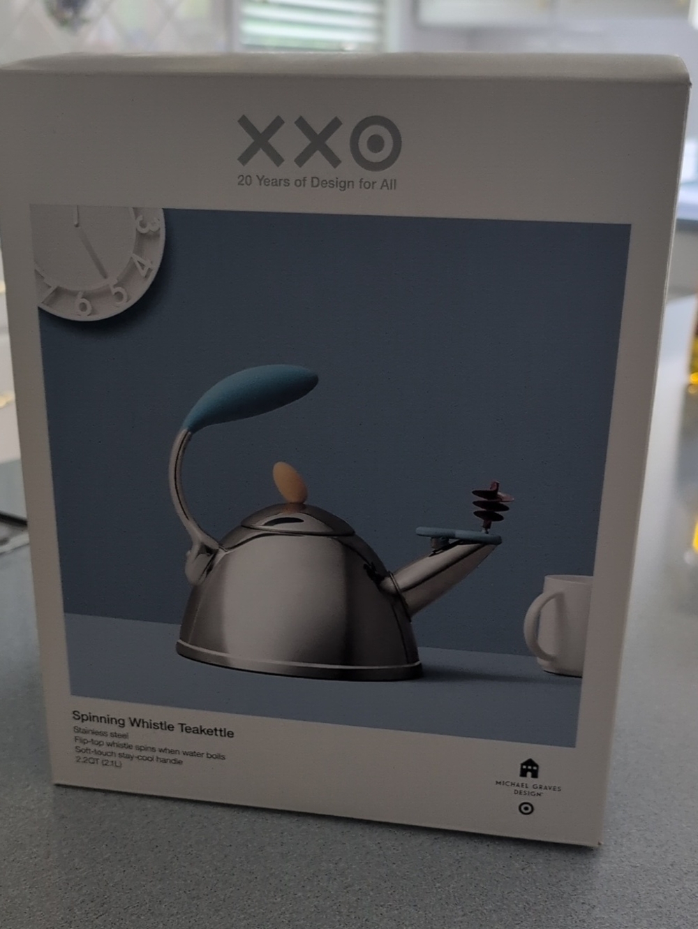 Michael Graves Spinning Whistle Teakettle in Blue and Stainless Steel